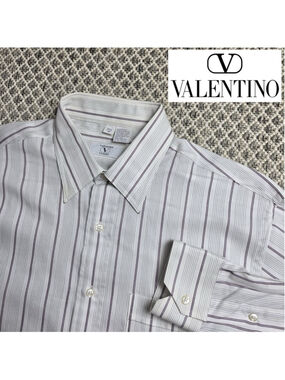 Valentino Uomo Mens Dress Shirt 15.5 33 White Striped 100% Cotton Long Sleeve